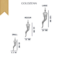 Three Silver Italian Horn Pendants in small (40x8.5mm), medium (62x14mm), and large (103x24mm) sizes with crowns are displayed on a white GOLDZENN background—an ideal choice for a stylish cornicello necklace.