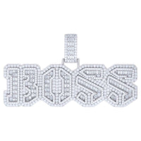 The Silver Moissanite BOSS Charms Pendant features bold, geometric "BOSS" letters and a matching moissanite-encrusted bail, all crafted from hypoallergenic sterling silver for lasting shine and comfort.