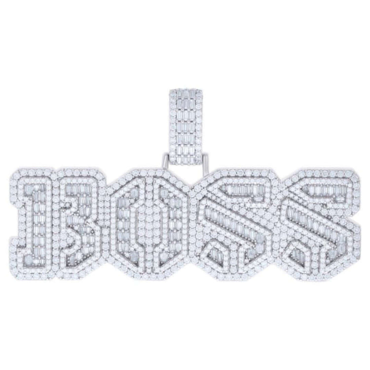 The Silver Moissanite BOSS Charms Pendant features bold, geometric "BOSS" letters and a matching moissanite-encrusted bail, all crafted from hypoallergenic sterling silver for lasting shine and comfort.