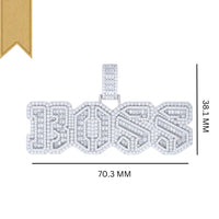 The Silver Moissanite BOSS Charms Pendant spells out "BOSS" in bold, hypoallergenic sterling silver, accented with a ribbon at the top left. It measures 70.3 mm wide by 38.1 mm tall and is set with sparkling moissanite stones.