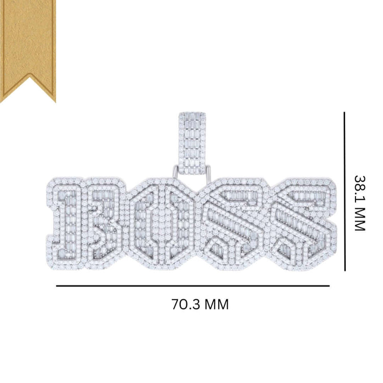 The Silver Moissanite BOSS Charms Pendant spells out "BOSS" in bold, hypoallergenic sterling silver, accented with a ribbon at the top left. It measures 70.3 mm wide by 38.1 mm tall and is set with sparkling moissanite stones.