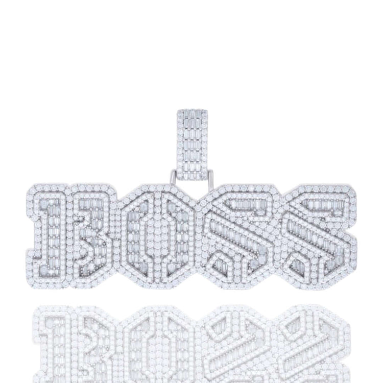 The Silver Moissanite BOSS Charms Pendant features bold, block letters encrusted with sparkling moissanite and diamonds on hypoallergenic sterling silver, plus a dazzling diamond-covered bail.