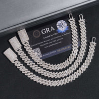 Four sparkling Silver Moissanite Cuban Link Bracelets – 10mm are arranged in a row above a black GRA certificate card inside a jewelry box, showcasing their thick, interlocking 925 silver links and decorative clasps.