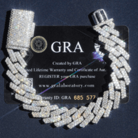 The Silver Moissanite Cuban Link Bracelet – 15mm is elegantly displayed in a circular form on a black GRA warranty and certification card, featuring a bold clasp.