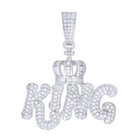 The Silver Moissanite King Charm Pendant showcases "KING" in bold letters, jeweled crown detail, and a diamond-studded bail—all crafted from 925 sterling silver.
