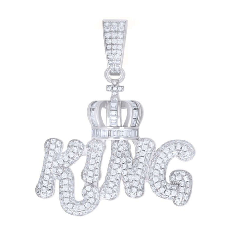 The Silver Moissanite King Charm Pendant showcases "KING" in bold letters, jeweled crown detail, and a diamond-studded bail—all crafted from 925 sterling silver.