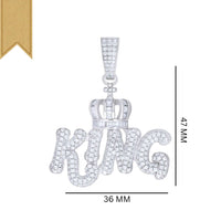 The Silver Moissanite King Charm Pendant features "KING" shaped in 925 sterling silver with a crown, diamond accents, and a gold ribbon detail on the upper left; size: 47mm x 36mm.