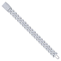 The Silver Moissanite Pave Cuban Link Bracelet - 16mm features sparkling stones and is shown diagonally on a white background.