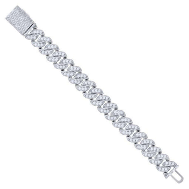 The Silver Moissanite Pave Cuban Link Bracelet - 16mm features sparkling stones and is shown diagonally on a white background.