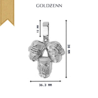 The GOLDZENN Hear No Evil, See No Evil, Speak No Evil Silver Pendant features three clustered skulls; measures 38 mm tall, 36.3 mm wide, with a 15 mm bail height.