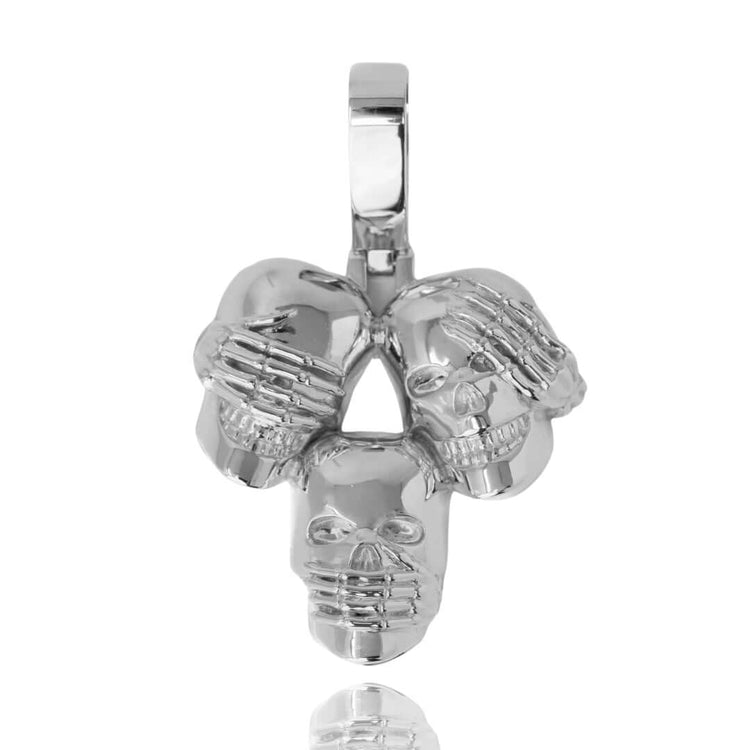 The Hear No Evil, See No Evil, Speak No Evil Silver Pendant features three silver skulls covering their eyes, ears, and mouth—reflecting the iconic see no evil, hear no evil, speak no evil theme.