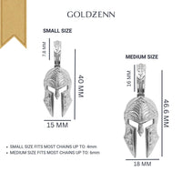 The Silver Spartan Helmet Pendant comes in small (40 x 15 mm) and medium (46.6 x 18 mm), fitting chains up to 4 mm or 6 mm. Ideal for fans of Spartan helmet jewelry and features Goldzenn branding at the top.