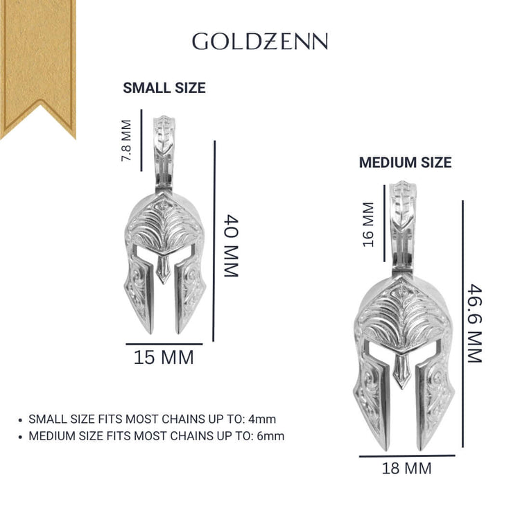 The Silver Spartan Helmet Pendant comes in small (40 x 15 mm) and medium (46.6 x 18 mm), fitting chains up to 4 mm or 6 mm. Ideal for fans of Spartan helmet jewelry and features Goldzenn branding at the top.