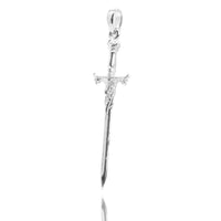 The Silver Sword Pendant features a detailed sterling silver sword with a straight blade and ornate hilt, elegantly suspended from a top bail.