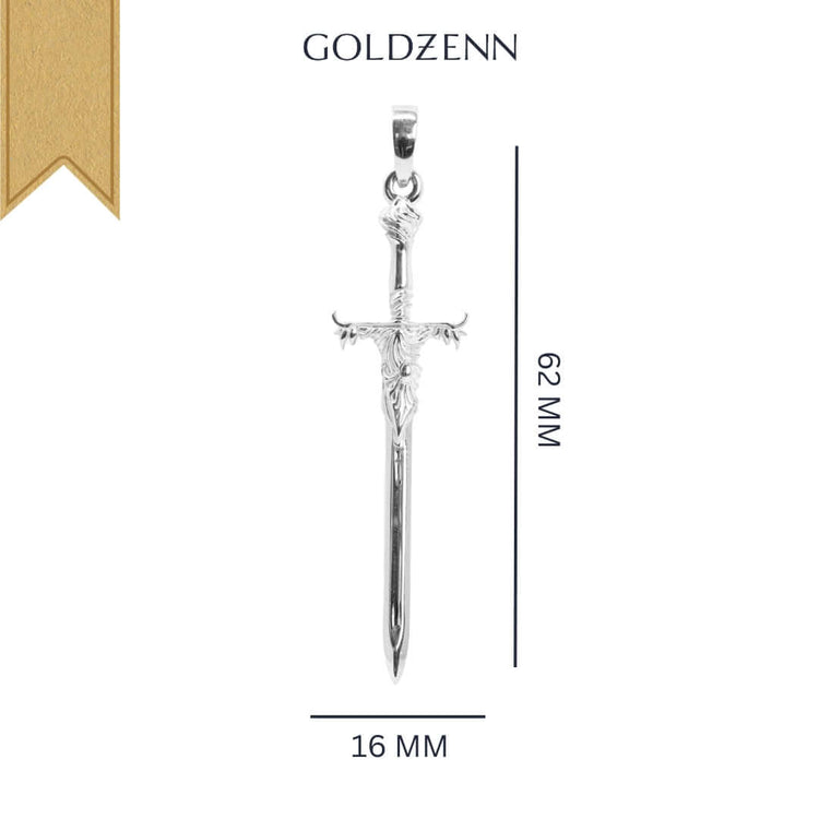 The Silver Sword Pendant, sized 62mm by 16mm, is shown on a white background with "GOLDZENN" above and a gold ribbon in the top left—a bold warrior necklace that adds striking style.