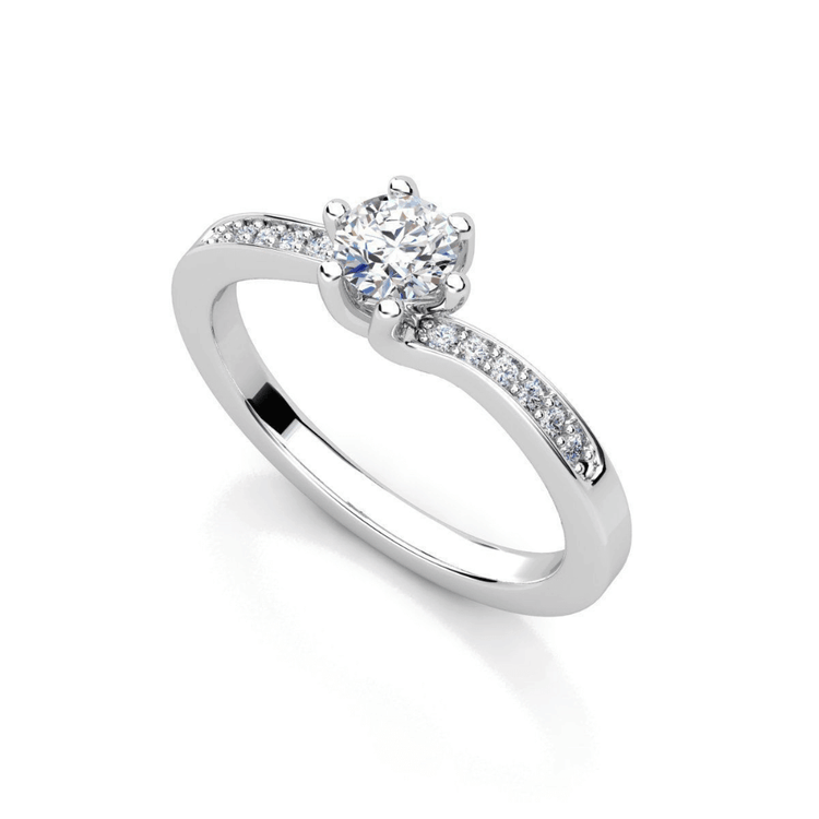 The Six-Prong Round Lab Diamond Solitaire Engagement Ring with Pave Accents features a round brilliant lab diamond center and pavé accents on the band, crafted in white gold and displayed against a white background.