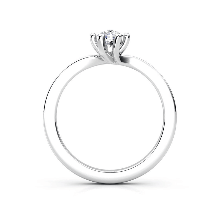 The Six-Prong Round Lab Diamond Solitaire Engagement Ring with Pave Accents features a single round diamond set in white gold, shown from a side view against a white background.
