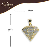 A Small Diamond-Shaped Pendant in 10K Gold with CZ for men, measuring 22mm x 22mm, is set against a white background with the Soldzeuu logo at the top left. This gold pendant is expertly crafted to mimic a sparkling cut diamond.