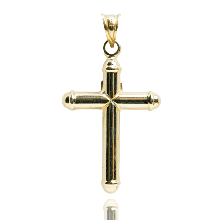 The Small Jesus INRI Cross Pendant in 10K Gold features rounded ends and a top loop for a chain, ideal as religious jewelry and displayed against a white background.