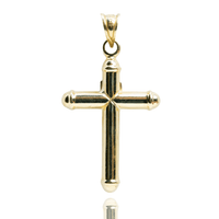 The Small Jesus INRI Cross Pendant in 10K Gold features rounded ends and a top loop for a chain, ideal as religious jewelry and displayed against a white background.