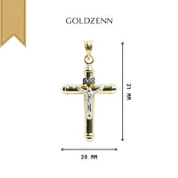 A Small Jesus INRI Cross Pendant in 10K gold, featuring a crucifix design (31mm tall x 20mm wide) in gold and silver. The word GOLDZENN appears above the jewelry on a white background with a gold ribbon at the top left.