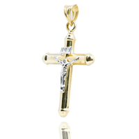 The Small Jesus INRI Cross Pendant in 10K gold features a silver Jesus figure on a polished crucifix with rounded ends—an elegant piece of religious jewelry shown on a white background.