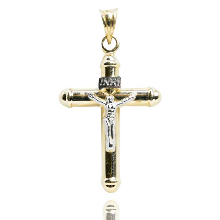 The Small Jesus INRI Cross Pendant in 10K Gold features a detailed figure of Christ, INRI inscription, rounded tips, reflective finish, and a loop for your chain—a beautiful piece of religious jewelry.