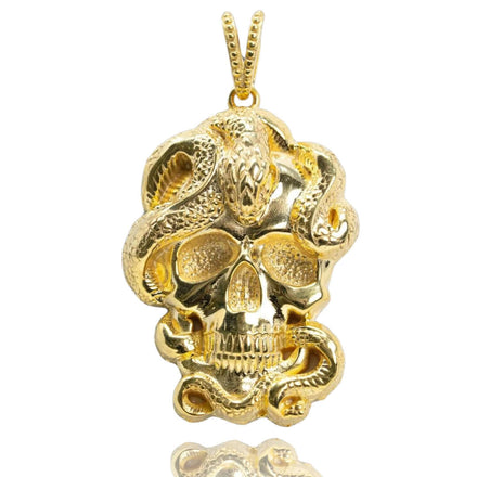 The Snake Skull Pendant – 14K Gold Men Pendant features a detailed snake coiled through the skull's eye sockets, with a loop on top for your chain—a bold and unforgettable statement piece.