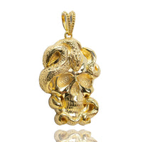 The Snake Skull Pendant – 14K Gold Men Pendant features a detailed snake entwined through the skull’s eye sockets and jaw, with an intricate texture that beautifully reflects light for a striking statement look.