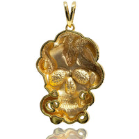 The Snake Skull Pendant – 14K Gold Men Pendant features a textured, polished finish with a detailed snake coiled around the skull and a loop for easy attachment to your favorite chain.