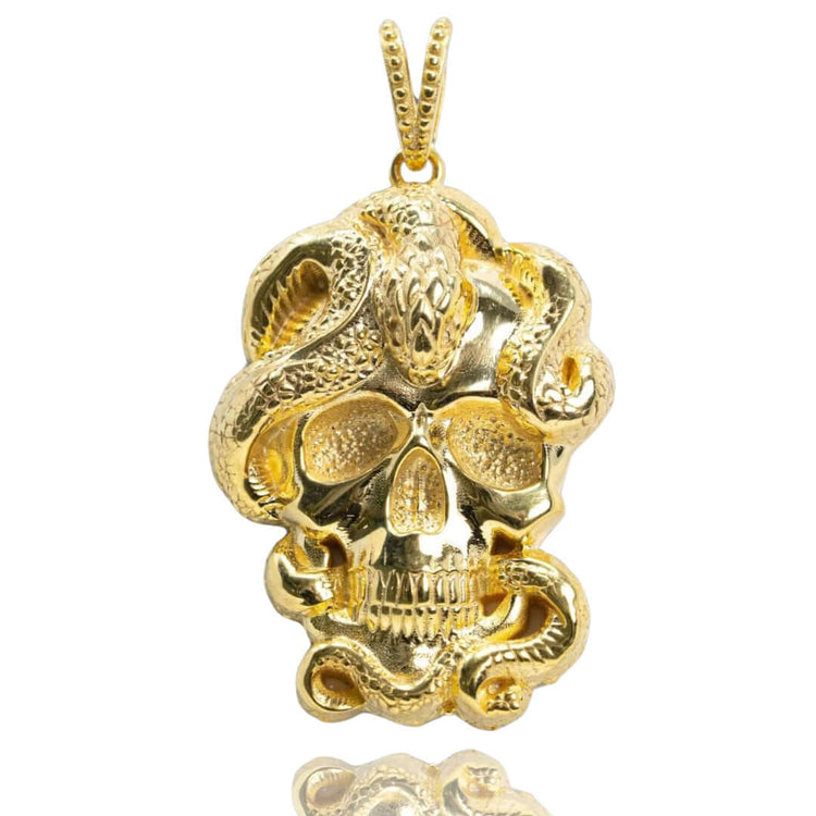 The Snake Skull Pendant – 14K Gold Men Pendant features a detailed snake coiled through the skull's eye sockets, with a loop on top for your chain—a bold and unforgettable statement piece.