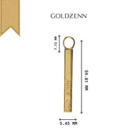 The Solid Name Bar Pendant features a rectangular gold bar engraved with custom text, measuring 7.73mm tall, 5.45mm wide, and 59.81mm thick—an ideal choice for personalized jewelry from GOLDZENN.