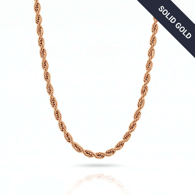 A Rope Chain - 2mm-5mm Solid Rose Gold necklace is shown on a white background, featuring a corner label that reads SOLID GOLD.
