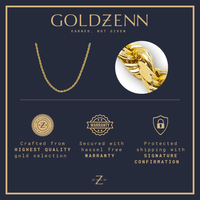 A close-up of the Rope Chain - 2mm-5mm Solid Rose Gold clasp. Text highlights top-quality solid rose gold, hassle-free warranty, signature confirmation shipping, decorative icons, and Goldzenn branding at the top.