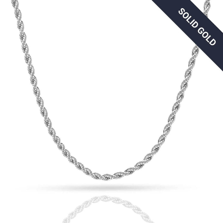 A close-up of the Rope Chain - 2mm-5mm Solid White Gold, showcasing its intricate rope design and solid white gold craftsmanship.