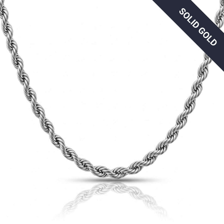 A close-up of the Rope Chain - 6mm-12mm Solid White Gold showcases the intricate detailing of its bold men's chain design.