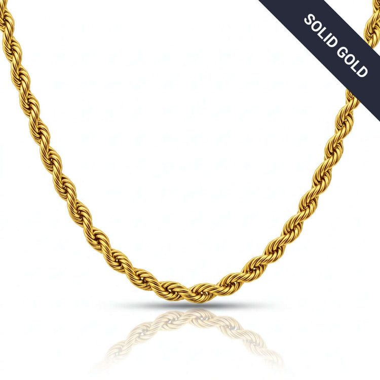 Close-up of a Rope Chain - 6mm-15mm Solid Yellow Gold necklace on a white background, highlighted as a statement piece. A black banner in the top right corner reads SOLID GOLD.