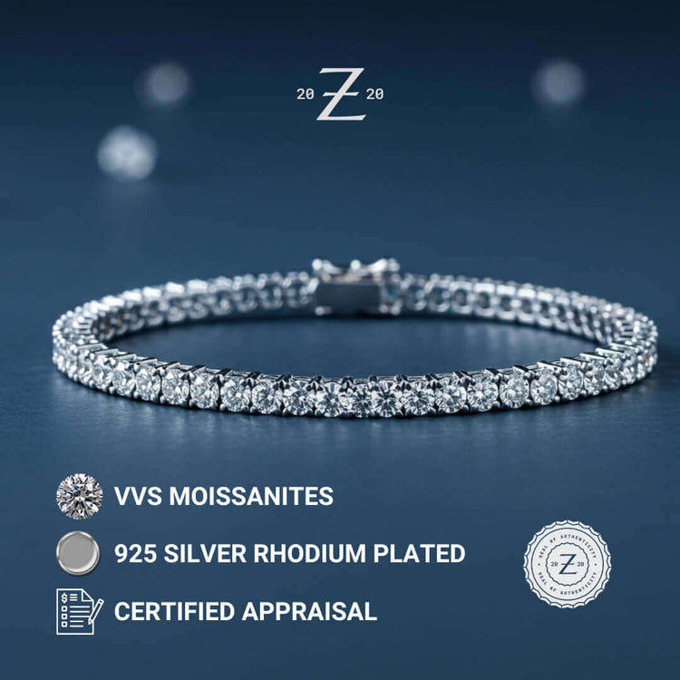 The Fully Iced Out Moissanite Tennis Bracelet, featuring round VVS moissanites set in 925 sterling silver with rhodium plating, is shown on a blue surface and includes a certified appraisal, logo, and certification seal.