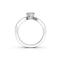 A side view of the Split-Band Lab Diamond Ring with Pavé Detailing, a silver women’s engagement ring featuring a round lab diamond in a four-prong setting, displayed on a white background.