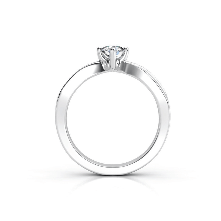 A side view of the Split-Band Lab Diamond Ring with Pavé Detailing, a silver women’s engagement ring featuring a round lab diamond in a four-prong setting, displayed on a white background.