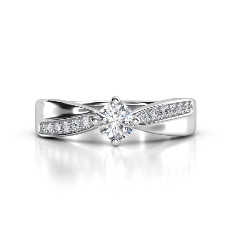 The Split-Band Lab Diamond Ring with Pavé Detailing features a round lab-grown center stone and pavé-set diamonds along its split band, creating an elegant and dazzling women's engagement ring.