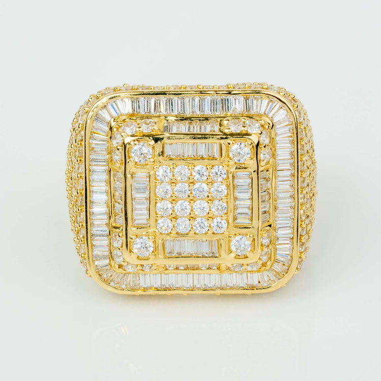 The Square CZ Gold Ring - 10k Solid Gold features multiple square layers adorned with rows of clear cubic zirconia, creating a bold, geometric, and luxurious look.