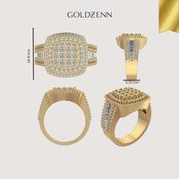 Four views of the Square Diamond Pavé Ring – 2.19 CT Gold Design, featuring a gold men's ring with a square-shaped diamond pavé cluster. Detailed measurements include 16.9 mm height and 5.15 mm band width, labeled “GOLDZENN.”.