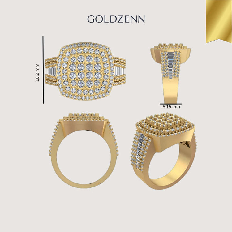 Four views of the Square Diamond Pavé Ring – 2.19 CT Gold Design, featuring a gold men's ring with a square-shaped diamond pavé cluster. Detailed measurements include 16.9 mm height and 5.15 mm band width, labeled “GOLDZENN.”.