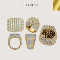The Square Pavé Diamond Ring – 18 CT Gold Statement is displayed from multiple angles, featuring rows of pavé diamonds on a light background with “GOLDZENN” at the top and a gold ribbon in the top right corner.