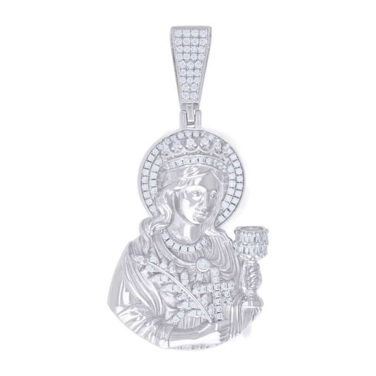 Inspired by faith, the Moissanite St. Barbara Charm Pendant features a saint with a goblet, sparkling gems, and detailed patterns—all crafted in 925 sterling silver.