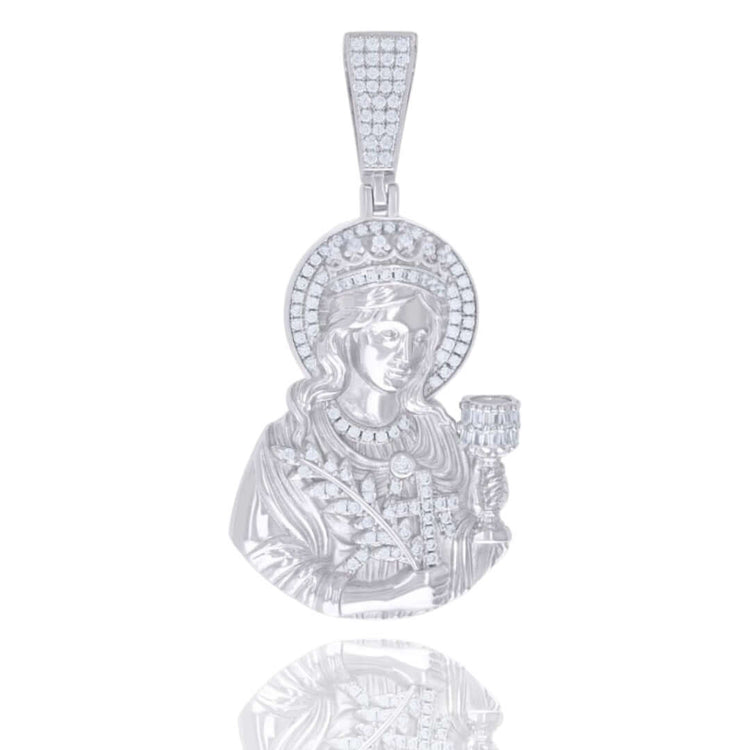 The Moissanite St. Barbara Charm Pendant, crafted in 925 sterling silver, features a detailed saint holding a cup, sparkling moissanite stones, and a decorative bail—perfect for your favorite necklace.