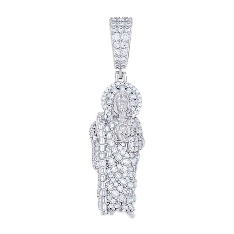 The Silver Baguette Moissanite St. Jude Pendant features Sterling silver with diamond-like moissanite baguettes, detailed religious figure design, and a textured bail for easy chain attachment.