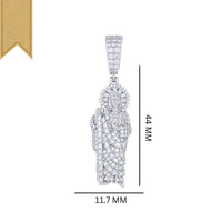 The Silver Baguette Moissanite St. Jude Pendant depicts a holy figure, measures 44 mm by 11.7 mm, and features sparkling moissanite stones with a gold ribbon in the upper left corner for an elegant accent.