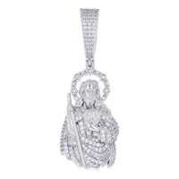 The Classic Moissanite St. Jude Charm Pendant showcases a robed figure with a halo, staff, and medallion, set in 925 sterling silver and embellished with VVS moissanites.